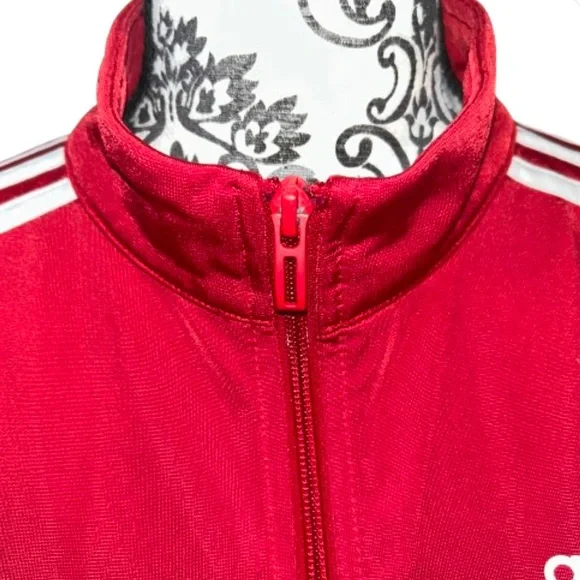 Adidas Women’s Small Zip-Front Red Essentials 3-Stripe Tricot Track Jacket - Picture 6 of 15
